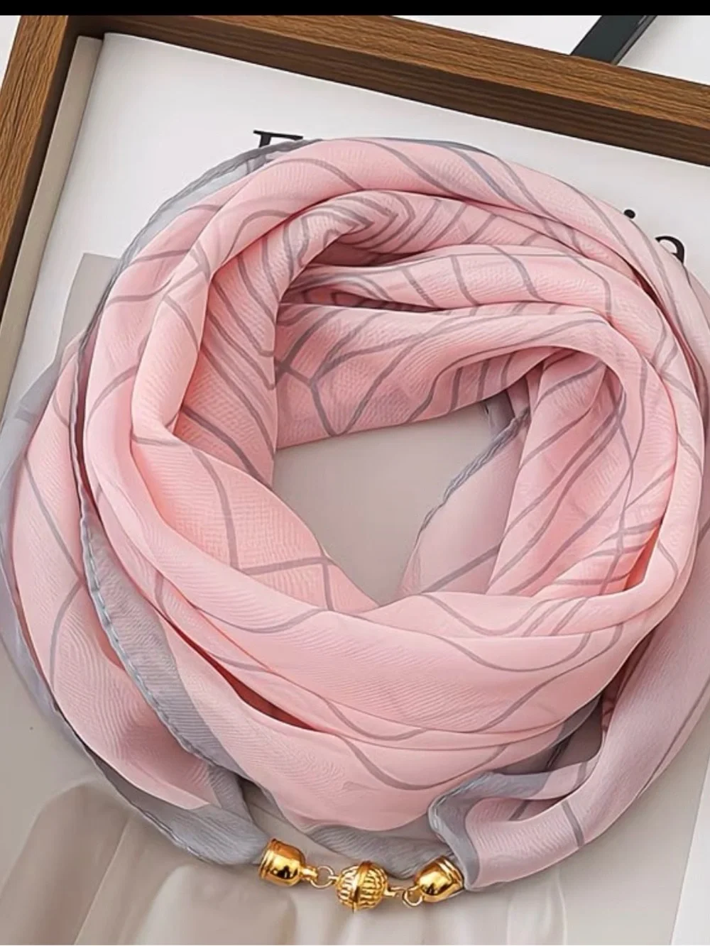Light Pink Geometric Women's Scarf with Gold Bead Accent